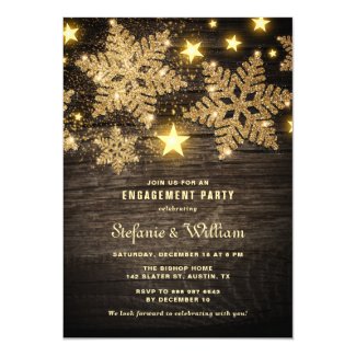 Gold Glitter Snowflakes Rustic Engagement Party Invitation