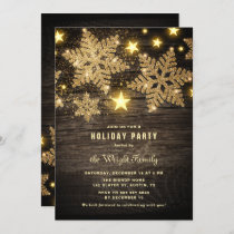 Gold Glitter Snowflakes Rustic Holiday Party Invitation