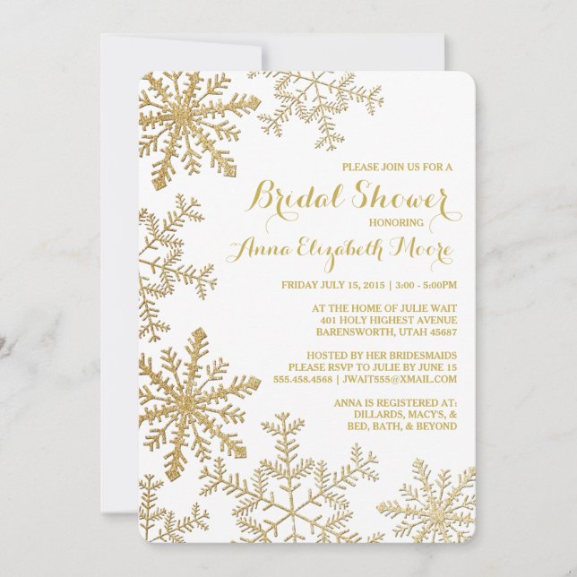 Gold Glitter Snowflakes Winter Bridal Shower Invitation (Front)