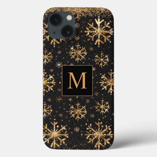 Gold Glitter Snowflakes Winter Monogrammed  iPhone 13 Case