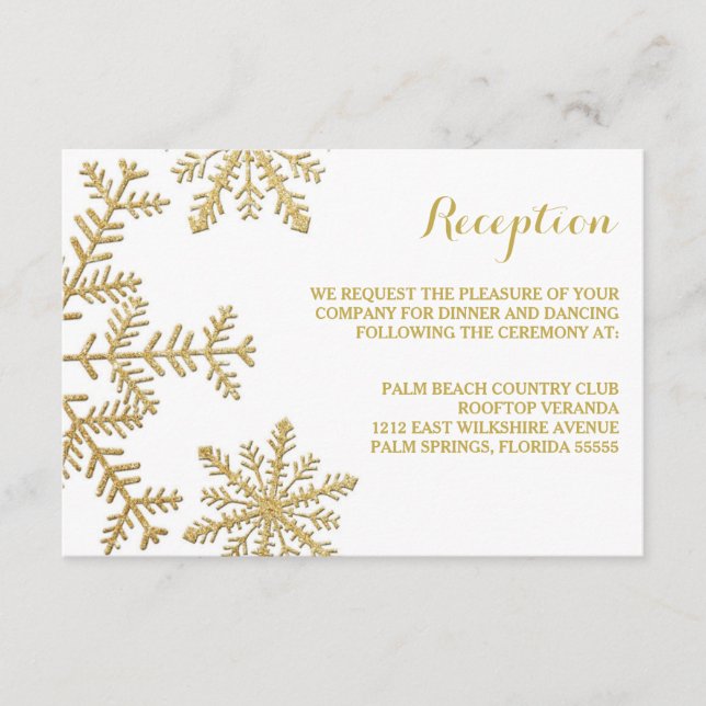 Gold Glitter Snowflakes Winter Reception Card (Front)
