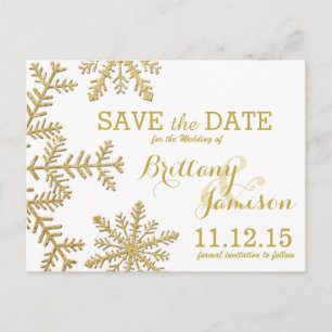Gold Glitter Snowflakes Winter Save the Date Announcement Postcard