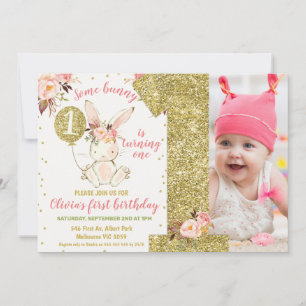 Gold Glitter Some Bunny 1st Birthday Invitation