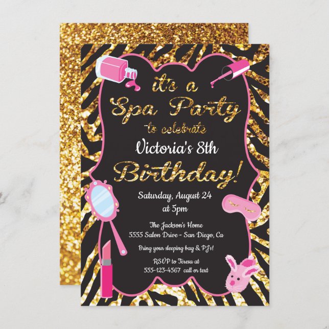 Gold glitter Spa Birthday party Invitations (Front/Back)