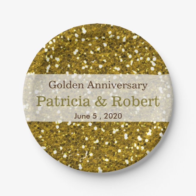Gold Glitter Sparkle 50th Wedding Anniversary Paper Plates (Front)