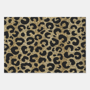 Gold glitter sparkle &black leopard print pattern wrapping paper sheets