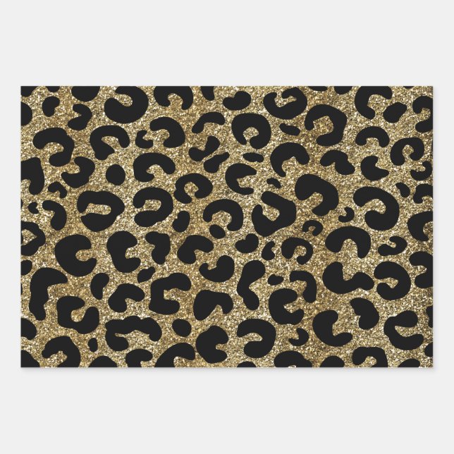Gold glitter sparkle &black leopard print pattern wrapping paper sheets (Front)