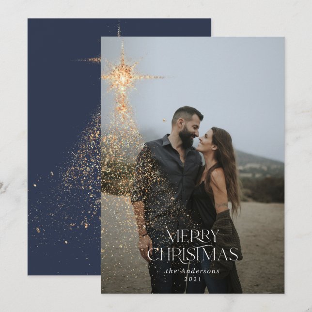 Gold glitter sparkle blue modern Christmas Holiday Card (Front/Back)