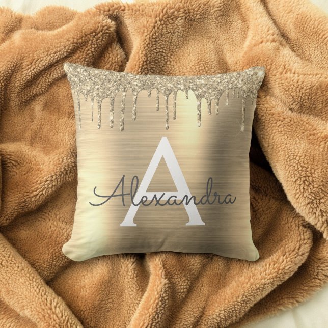 Gold Glitter Sparkle Brushed Metal Monogram Name Throw Pillow (Creator Uploaded)