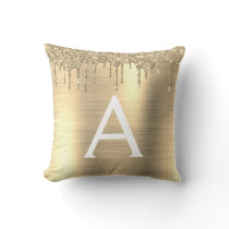 Gold Glitter Sparkle Brushed Metal Monogram Name Throw Pillow