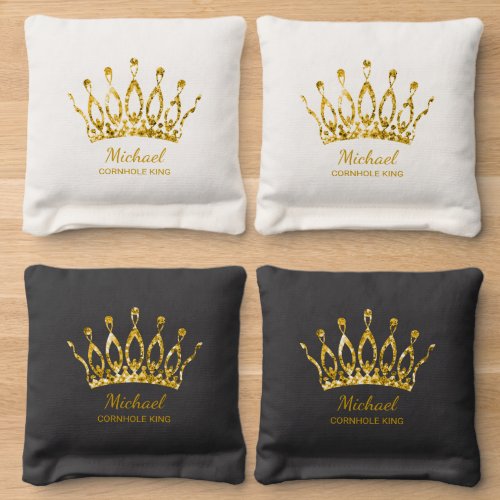 Gold Glitter Sparkle Crown Personalized Cornhole Bags