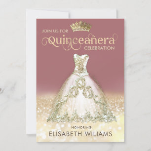 Gold glitter sparkle dress ombre tiara Quinceañera Invitation