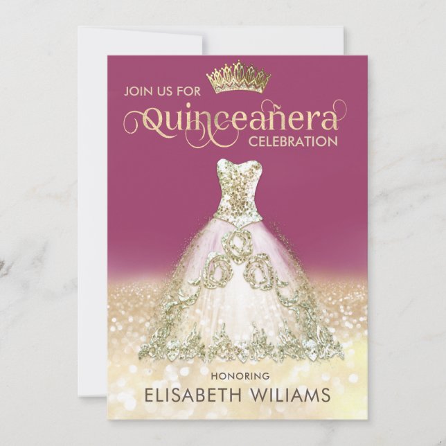Gold glitter sparkle dress ombre tiara Quinceañera Invitation (Front)