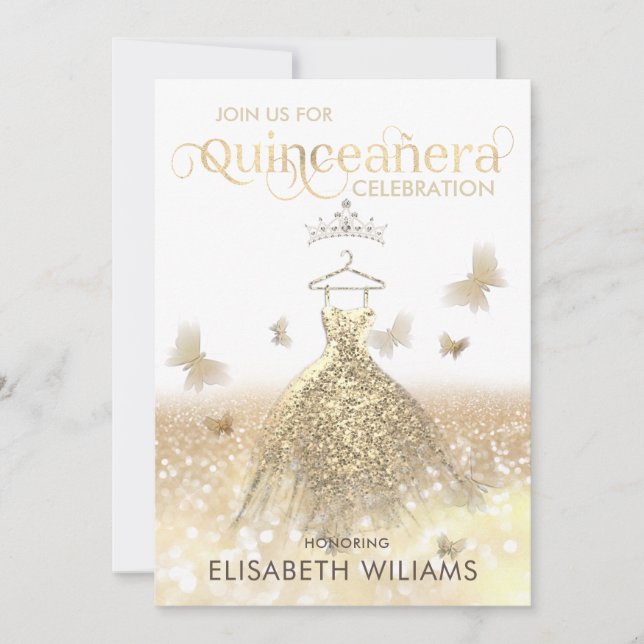 Gold glitter sparkle dress ombre tiara Quinceañera Invitation (Front)