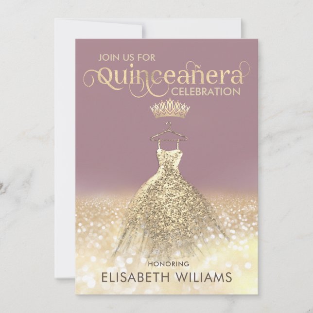 Gold glitter sparkle dress ombre tiara Quinceañera Invitation (Front)