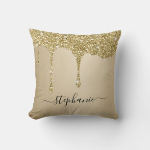 Gold Glitter Sparkle Drips Script Custom Name Throw Pillow