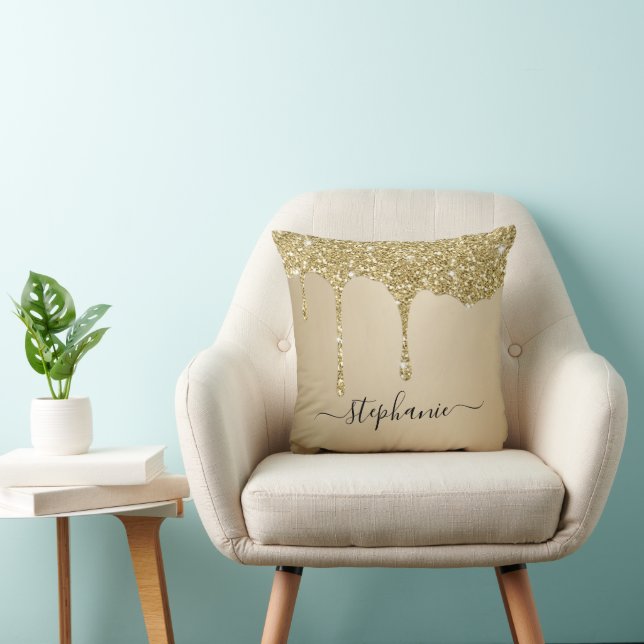 Gold Glitter Sparkle Drips Script Custom Name Throw Pillow (Chair)