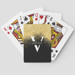 Gold Glitter Sparkle Elegant Monogram Black Custom Poker Cards