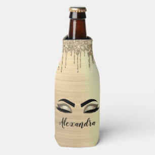 Gold Glitter Sparkle Eyelashes Monogram Name Bottle Cooler