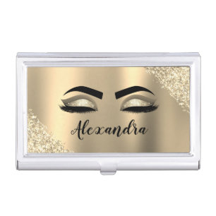 Gold Glitter Sparkle Eyelashes Monogram Name Business Card Case