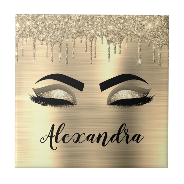 Gold Glitter Sparkle Eyelashes Monogram Name Ceramic Tile (Front)