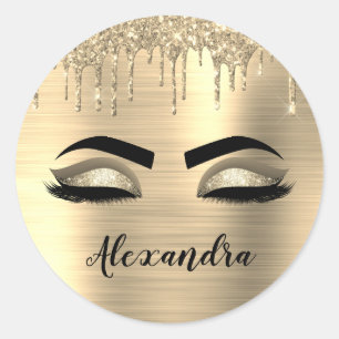 Gold Glitter Sparkle Eyelashes Monogram Name Classic Round Sticker
