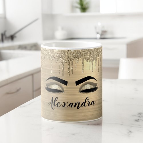 Gold Glitter Sparkle Eyelashes Monogram Name Coffee Mug