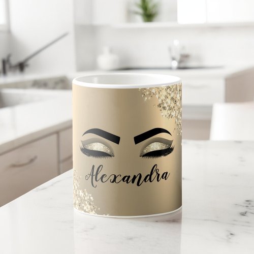 Gold Glitter Sparkle Eyelashes Monogram Name Coffee Mug