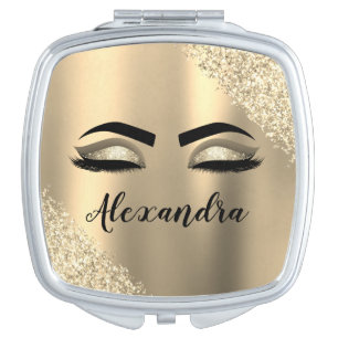 Gold Glitter Sparkle Eyelashes Monogram Name Compact Mirror