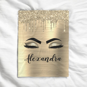 Gold Glitter Sparkle Eyelashes Monogram Name Fleece Blanket