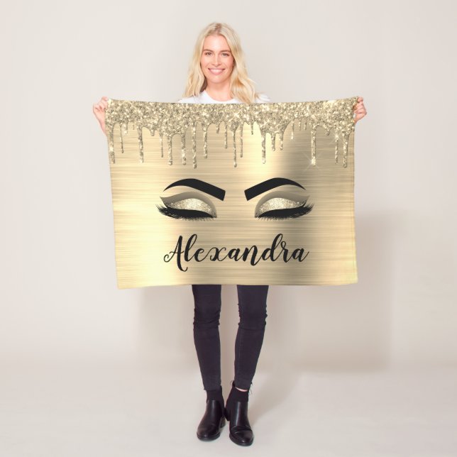 Gold Glitter Sparkle Eyelashes Monogram Name Fleece Blanket (In Situ)