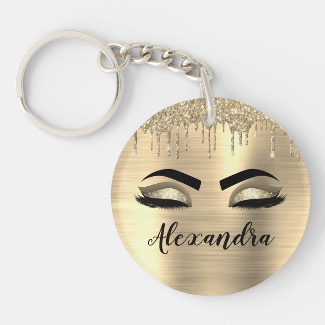 Gold Glitter Sparkle Eyelashes Monogram Name Keychain (Front)