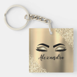 Gold Glitter Sparkle Eyelashes Monogram Name Keychain