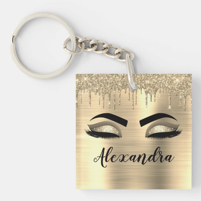 Gold Glitter Sparkle Eyelashes Monogram Name Keychain (Front)