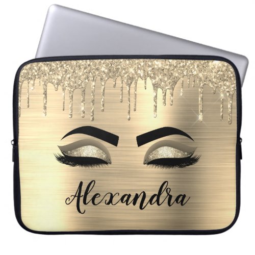 Gold Glitter Sparkle Eyelashes Monogram Name Laptop Sleeve