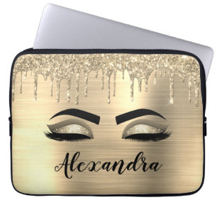 Gold Glitter Sparkle Eyelashes Monogram Name Laptop Sleeve