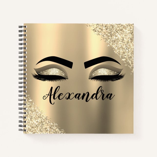 Gold Glitter Sparkle Eyelashes Monogram Name Notebook (Front)
