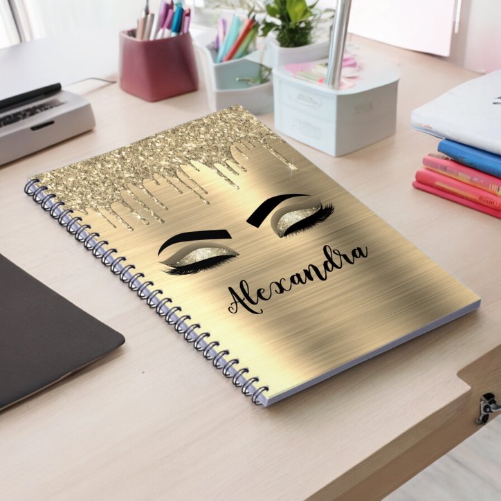 Gold Glitter Sparkle Eyelashes Monogram Name Notebook