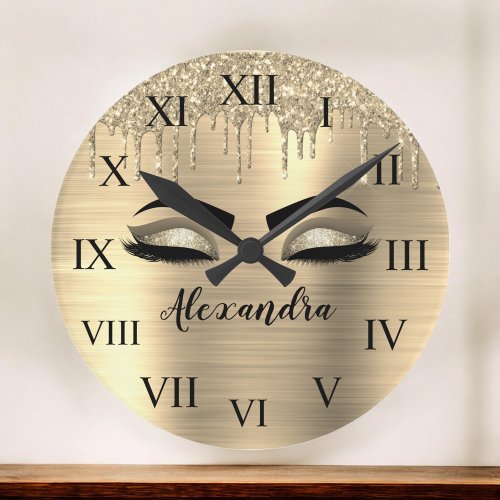 Gold Glitter Sparkle Eyelashes Monogram Name Round Clock