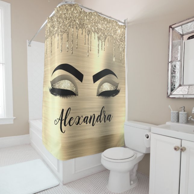 Gold Glitter Sparkle Eyelashes Monogram Name Shower Curtain (In Situ)