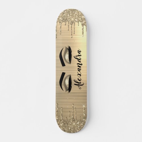 Gold Glitter Sparkle Eyelashes Monogram Name Skateboard