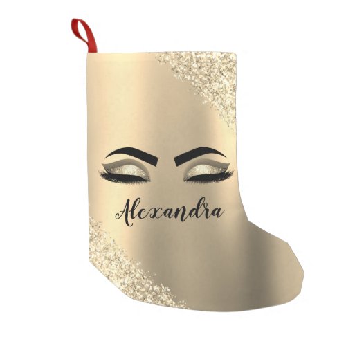 Gold Glitter Sparkle Eyelashes Monogram Name Small Christmas Stocking