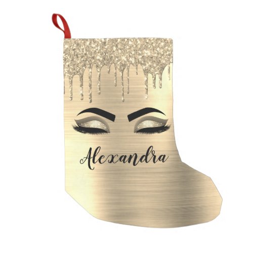 Gold Glitter Sparkle Eyelashes Monogram Name Small Christmas Stocking