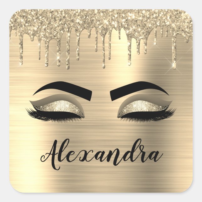 Gold Glitter Sparkle Eyelashes Monogram Name Square Sticker (Front)