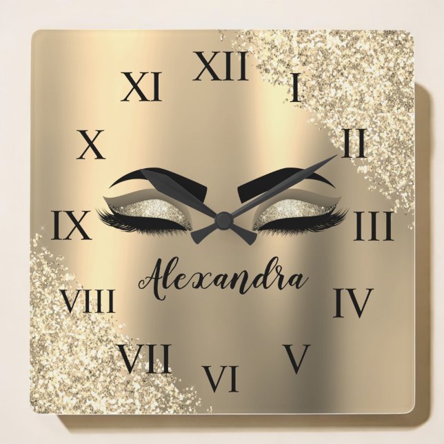 Gold Glitter Sparkle Eyelashes Monogram Name Square Wall Clock (Creator Uploaded)