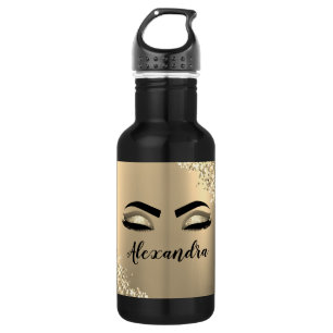 Gold Glitter Sparkle Eyelashes Monogram Name Stainless Steel Water Bottle