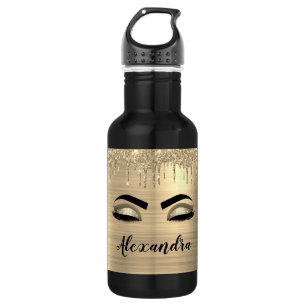 Gold Glitter Sparkle Eyelashes Monogram Name Stainless Steel Water Bottle