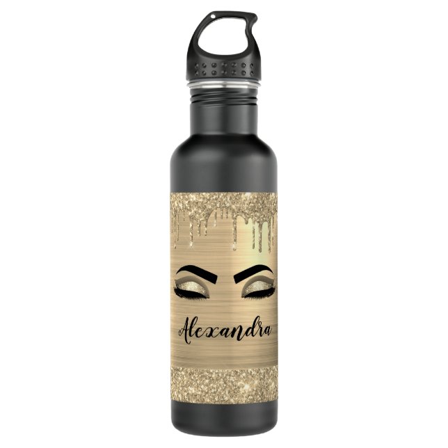 Gold Glitter Sparkle Eyelashes Monogram Name Stainless Steel Water Bottle (Front)