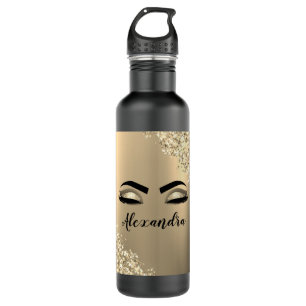 Gold Glitter Sparkle Eyelashes Monogram Name Stainless Steel Water Bottle