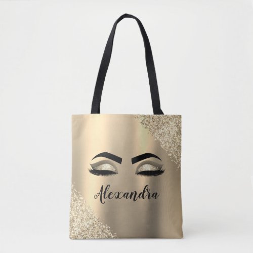 Gold Glitter Sparkle Eyelashes Monogram Name Tote Bag